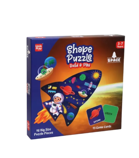 Unik Play Space Theme Shape Puzzle – Build & Play Educational Puzzle Game with 16 Puzzle Pieces & 15 Activity Cards for Kids